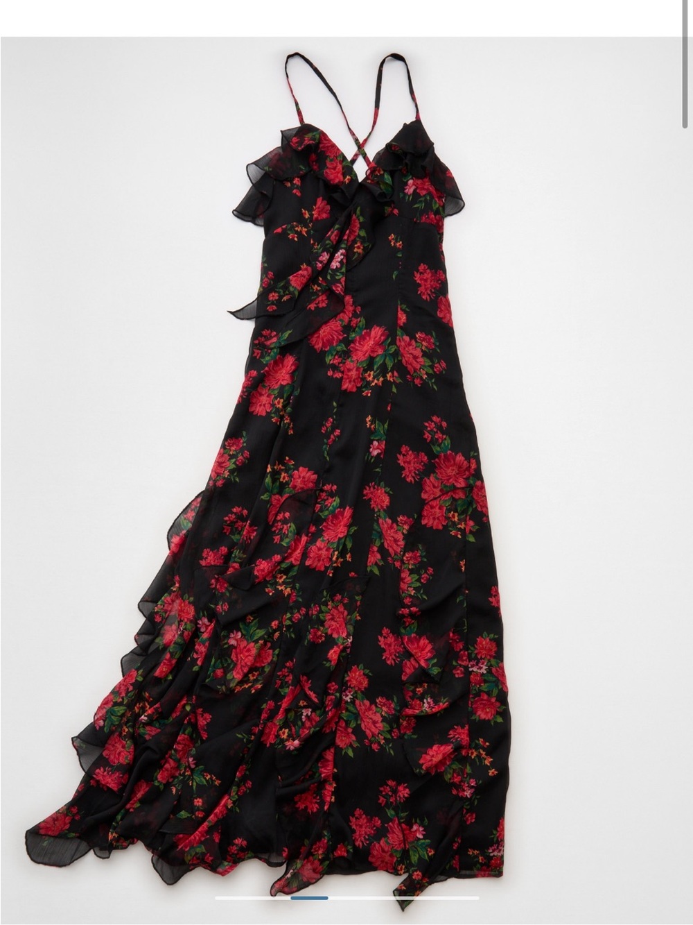 Women's Black Floral Ruffle Maxi Dress
